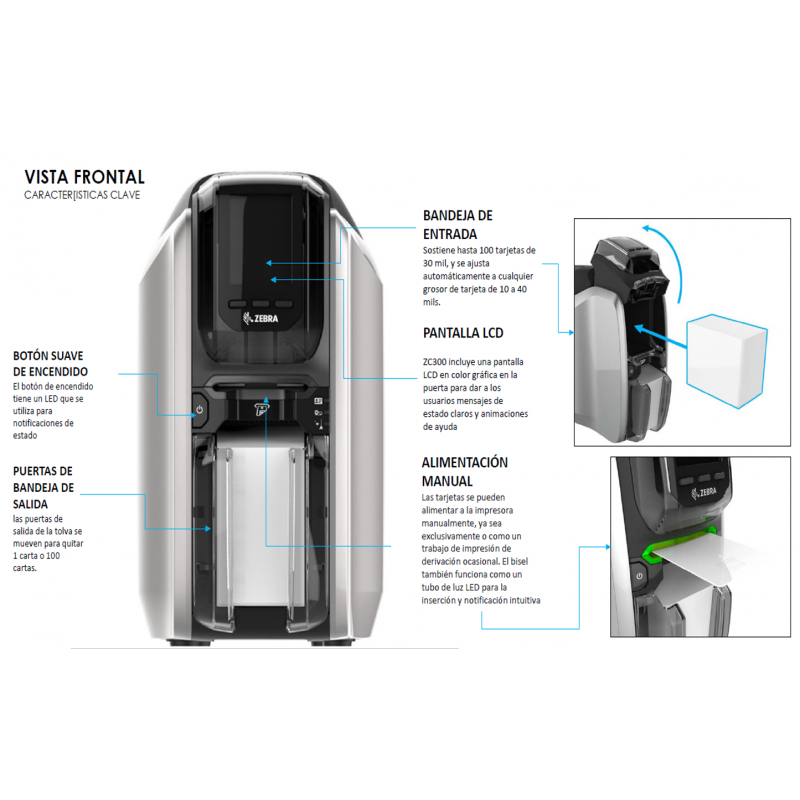 Zebra ZC300. unilateral. 12 puntos/mm (300dpi). USB. Ethernet. Display. Contacto. Contactless